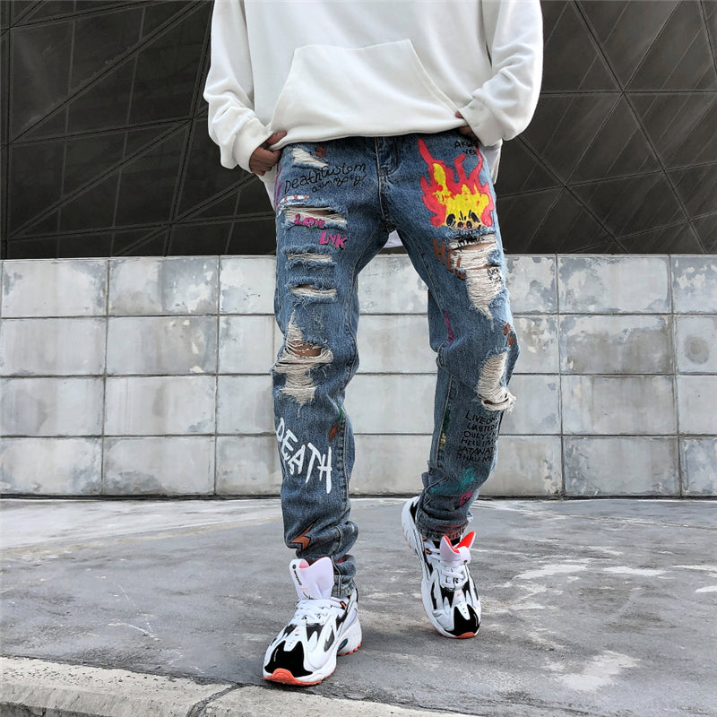 Hip Hop Streetwear Ripped Slim Fit Jeans Skinny Jeans Japan Graffiti Flame Skeleton Print Men Jogger Denim Pants | Vimost Shop.