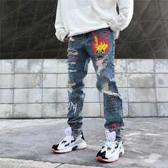 Hip Hop Streetwear Ripped Slim Fit Jeans Skinny Jeans Japan Graffiti Flame Skeleton Print Men Jogger Denim Pants | Vimost Shop.