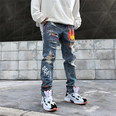 Hip Hop Streetwear Ripped Slim Fit Jeans Skinny Jeans Japan Graffiti Flame Skeleton Print Men Jogger Denim Pants | Vimost Shop.