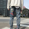 Hip Hop Streetwear Ripped Slim Fit Jeans Skinny Jeans Japan Graffiti Flame Skeleton Print Men Jogger Denim Pants | Vimost Shop.
