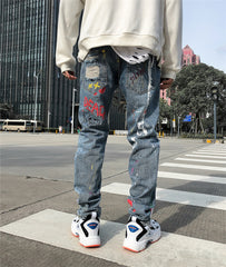 Hip Hop Streetwear Ripped Slim Fit Jeans Skinny Jeans Japan Graffiti Flame Skeleton Print Men Jogger Denim Pants | Vimost Shop.