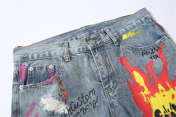 Hip Hop Streetwear Ripped Slim Fit Jeans Skinny Jeans Japan Graffiti Flame Skeleton Print Men Jogger Denim Pants | Vimost Shop.