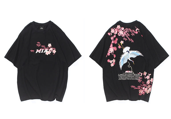 Mens Hip Hop T Shirts Pink Floral Crane Streetwear Tshirt Harajuku Summer Short Sleeve | Vimost Shop.