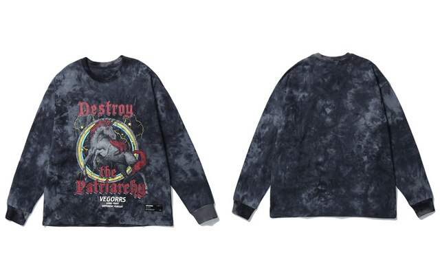 Hip Hop T Shirt Men Streetwear Print Wild Horse Long Sleeve Tees Harajuku Cotton Loose Tshirts Tie Dye Mens Fashion Tops | Vimost Shop.