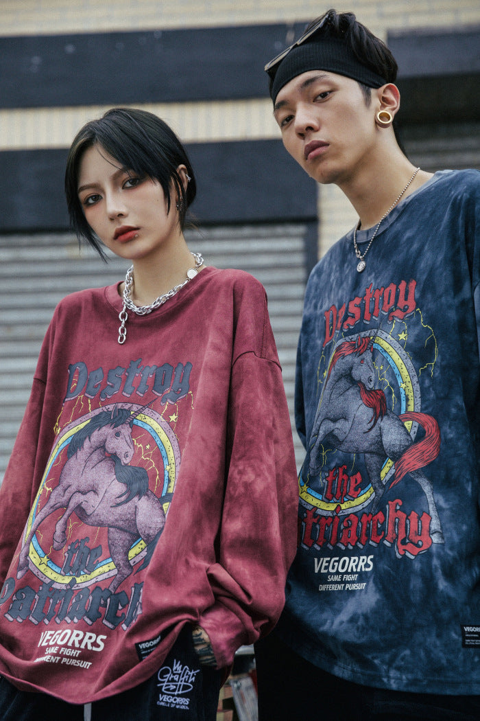 Hip Hop T Shirt Men Streetwear Print Wild Horse Long Sleeve Tees Harajuku Cotton Loose Tshirts Tie Dye Mens Fashion Tops | Vimost Shop.