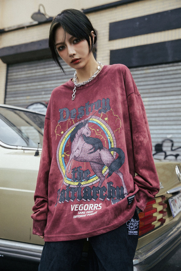 Hip Hop T Shirt Men Streetwear Print Wild Horse Long Sleeve Tees Harajuku Cotton Loose Tshirts Tie Dye Mens Fashion Tops | Vimost Shop.