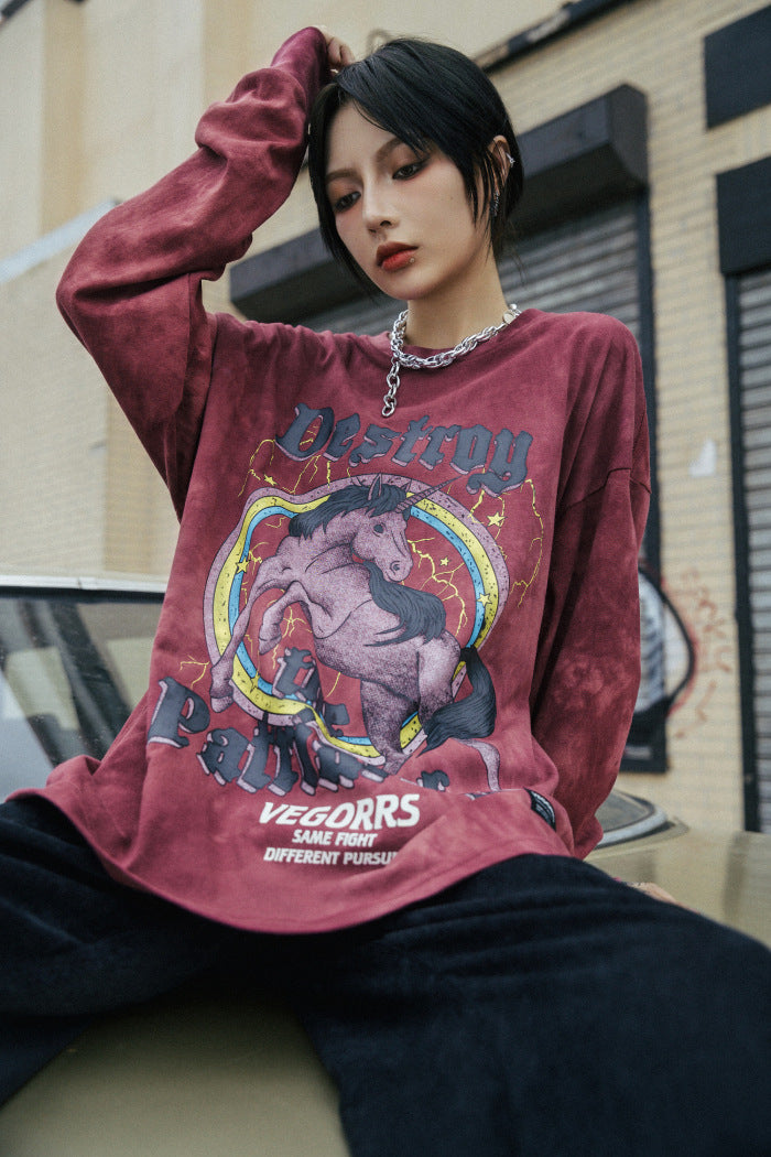 Hip Hop T Shirt Men Streetwear Print Wild Horse Long Sleeve Tees Harajuku Cotton Loose Tshirts Tie Dye Mens Fashion Tops | Vimost Shop.