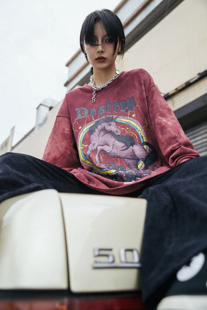 Hip Hop T Shirt Men Streetwear Print Wild Horse Long Sleeve Tees Harajuku Cotton Loose Tshirts Tie Dye Mens Fashion Tops | Vimost Shop.