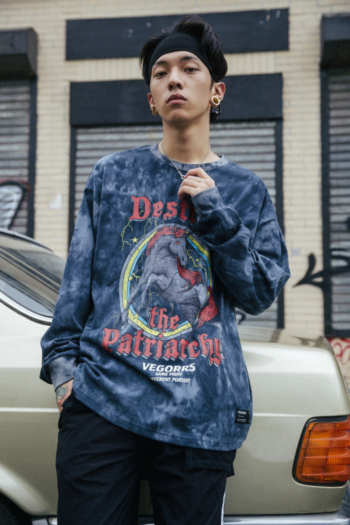 Hip Hop T Shirt Men Streetwear Print Wild Horse Long Sleeve Tees Harajuku Cotton Loose Tshirts Tie Dye Mens Fashion Tops | Vimost Shop.