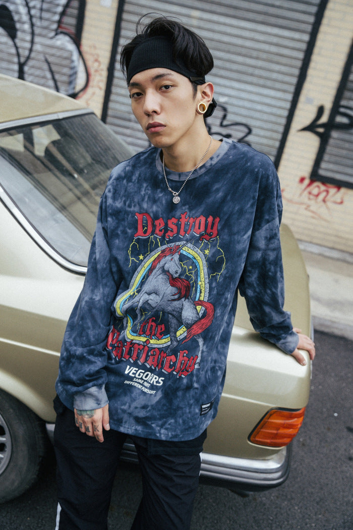 Hip Hop T Shirt Men Streetwear Print Wild Horse Long Sleeve Tees Harajuku Cotton Loose Tshirts Tie Dye Mens Fashion Tops | Vimost Shop.