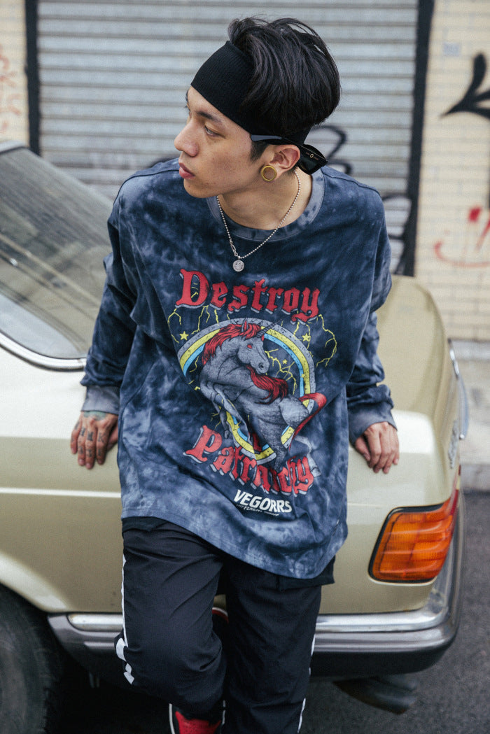 Hip Hop T Shirt Men Streetwear Print Wild Horse Long Sleeve Tees Harajuku Cotton Loose Tshirts Tie Dye Mens Fashion Tops | Vimost Shop.