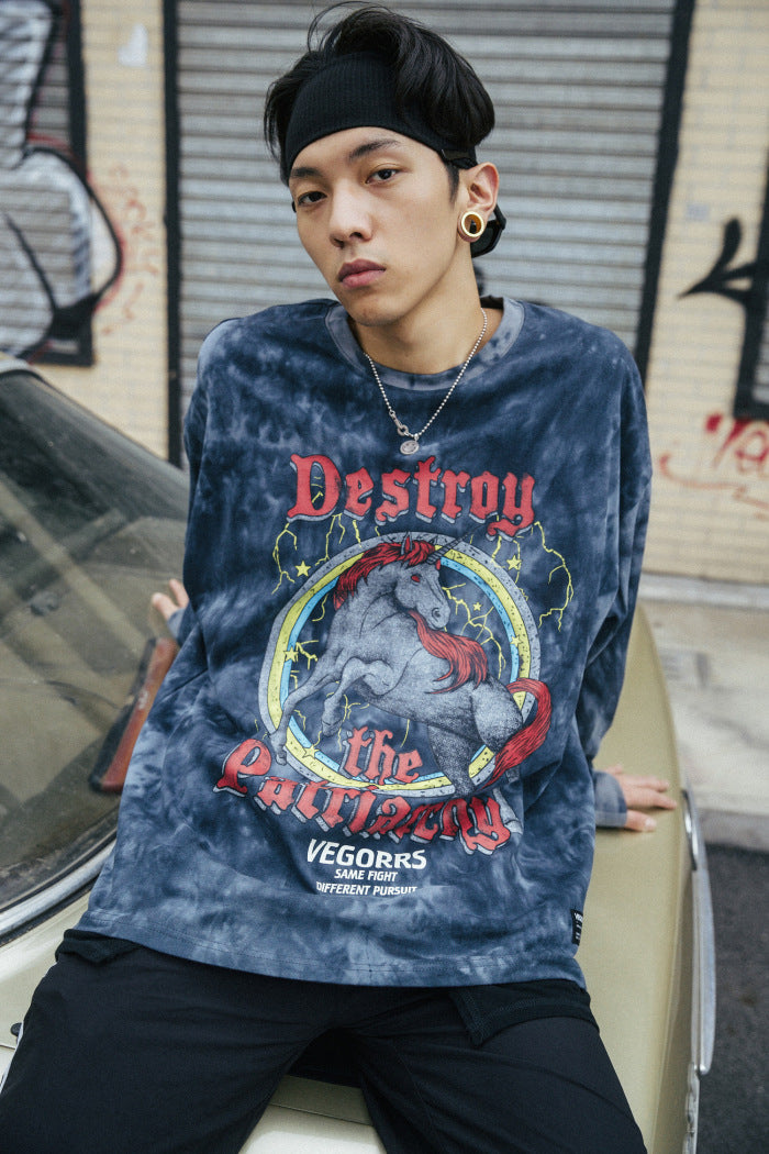 Hip Hop T Shirt Men Streetwear Print Wild Horse Long Sleeve Tees Harajuku Cotton Loose Tshirts Tie Dye Mens Fashion Tops | Vimost Shop.