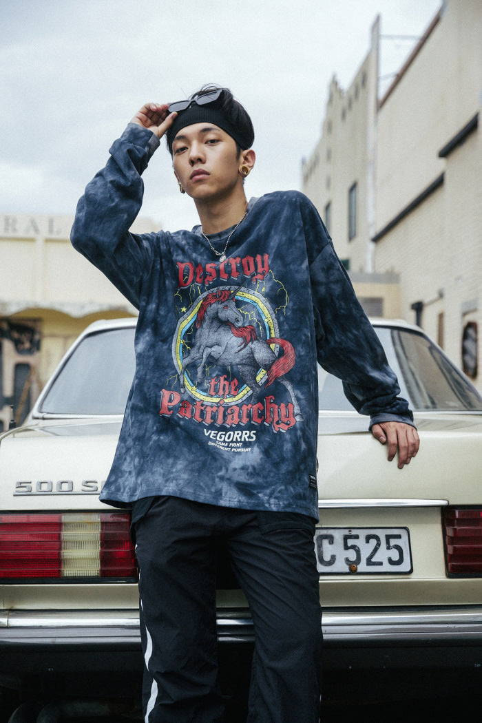 Hip Hop T Shirt Men Streetwear Print Wild Horse Long Sleeve Tees Harajuku Cotton Loose Tshirts Tie Dye Mens Fashion Tops | Vimost Shop.