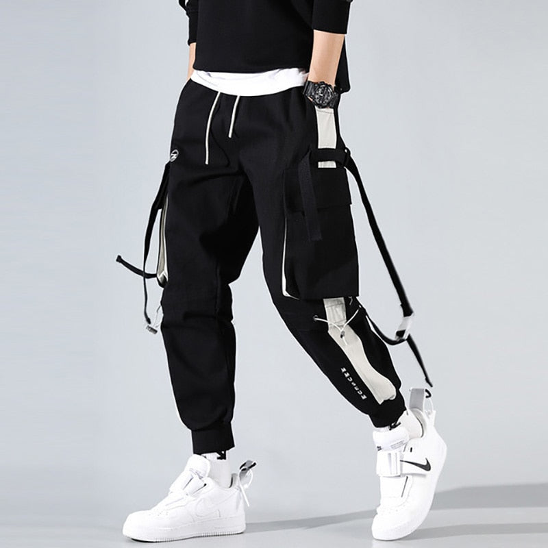 Men Hip Hop Black Cargo Pants joggers Sweatpants Multi-pocket Ribbons men's sports pants streetwear casual men's casual pants | Vimost Shop.