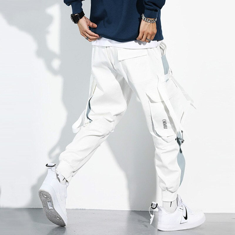 Men Hip Hop Black Cargo Pants joggers Sweatpants Multi-pocket Ribbons men's sports pants streetwear casual men's casual pants | Vimost Shop.