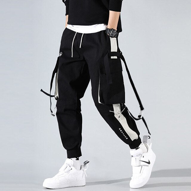 Men Hip Hop Black Cargo Pants joggers Sweatpants Multi-pocket Ribbons men's sports pants streetwear casual men's casual pants | Vimost Shop.
