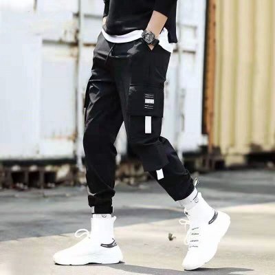 Men Hip Hop Black Cargo Pants joggers Sweatpants Multi-pocket Ribbons men's sports pants streetwear casual men's casual pants | Vimost Shop.