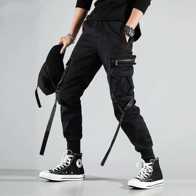 Men Hip Hop Black Cargo Pants joggers Sweatpants Multi-pocket Ribbons men's sports pants streetwear casual men's casual pants | Vimost Shop.