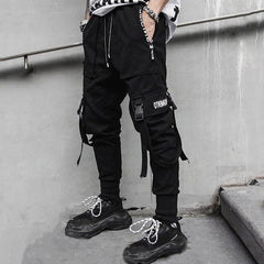 Men Hip Hop Black Cargo Pants joggers Sweatpants Multi-pocket Ribbons men's sports pants streetwear casual men's casual pants