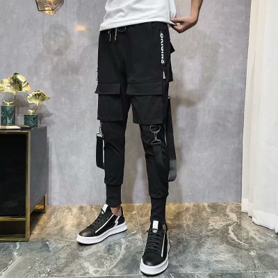 Men Hip Hop Black Cargo Pants joggers Sweatpants Multi-pocket Ribbons men's sports pants streetwear casual men's casual pants | Vimost Shop.