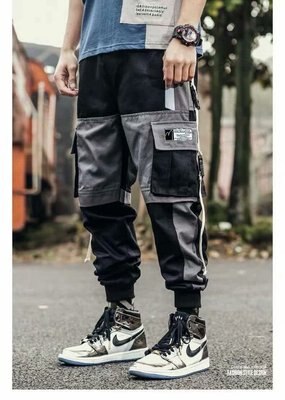 Men Hip Hop Black Cargo Pants joggers Sweatpants Multi-pocket Ribbons men's sports pants streetwear casual men's casual pants | Vimost Shop.