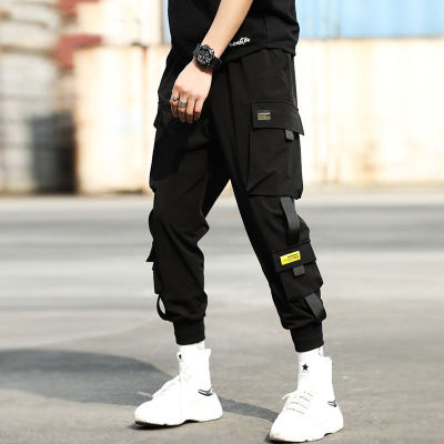 Men Hip Hop Black Cargo Pants joggers Sweatpants Multi-pocket Ribbons men's sports pants streetwear casual men's casual pants | Vimost Shop.