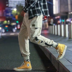 Men Hip Hop Black Cargo Pants joggers Sweatpants Multi-pocket Ribbons men's sports pants streetwear casual men's casual pants | Vimost Shop.