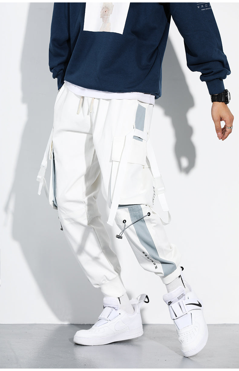 Men Hip Hop Black Cargo Pants joggers Sweatpants Multi-pocket Ribbons men's sports pants streetwear casual men's casual pants | Vimost Shop.