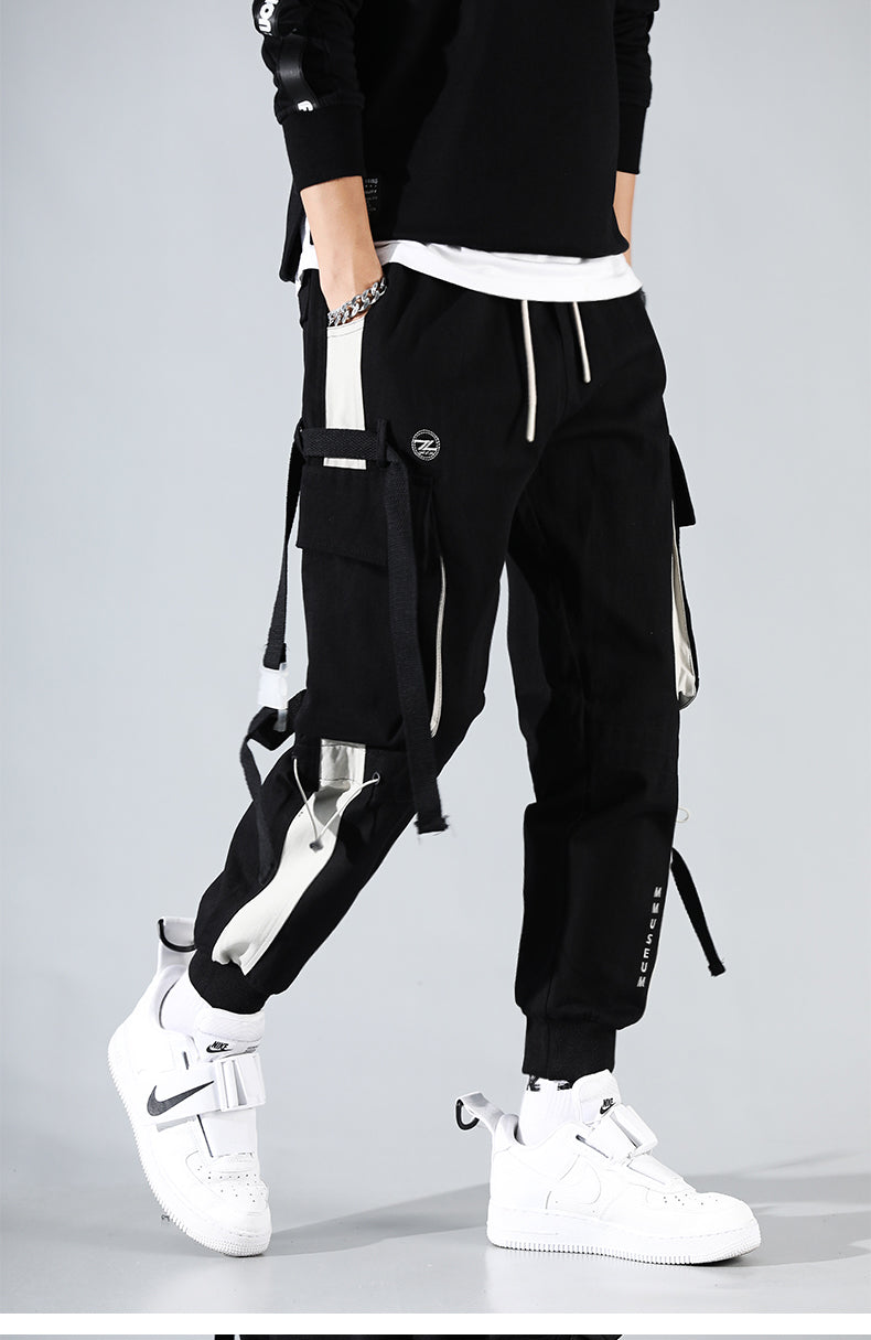 Men Hip Hop Black Cargo Pants joggers Sweatpants Multi-pocket Ribbons men's sports pants streetwear casual men's casual pants | Vimost Shop.