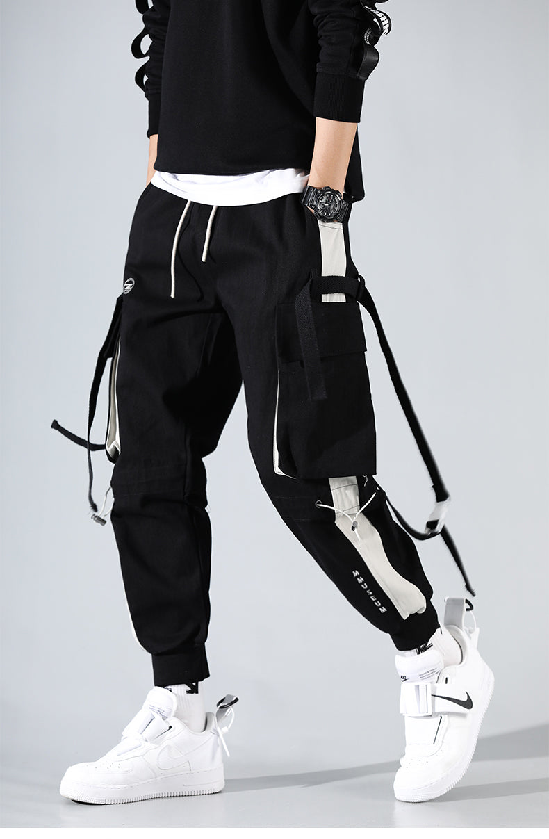 Men Hip Hop Black Cargo Pants joggers Sweatpants Multi-pocket Ribbons men's sports pants streetwear casual men's casual pants | Vimost Shop.