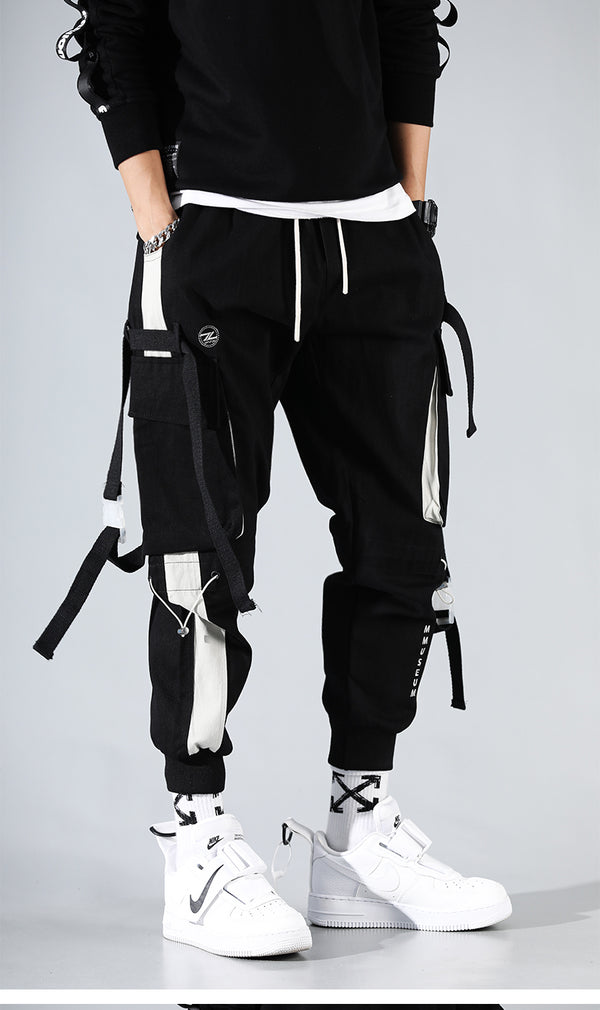Men Hip Hop Black Cargo Pants joggers Sweatpants Multi-pocket Ribbons men's sports pants streetwear casual men's casual pants | Vimost Shop.