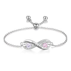 Personalized Engraved Name Infinity Bracelet with 2 Birthstones Custom Zirconia Adjustable Chain Bracelets for Women