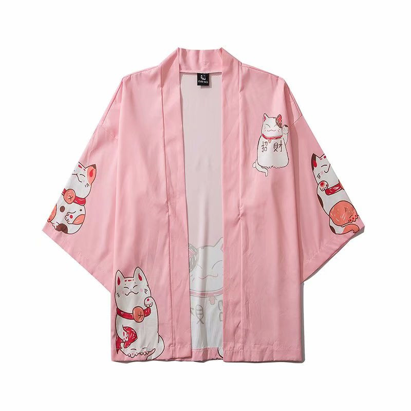 Japan Style Clothes Men Summer Streetwear Cat Print Kimono Cardigan Mandarin Robe Men Unisex Japanese Trend Kimonos | Vimost Shop.