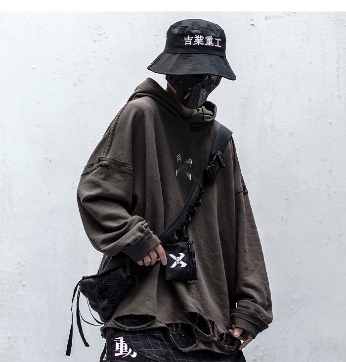 Vintage Hole Letter Printed Hoodie Men treetwear Hip Hop Loose Sweatshirts Techwear Fashion Hoodie Pulover | Vimost Shop.