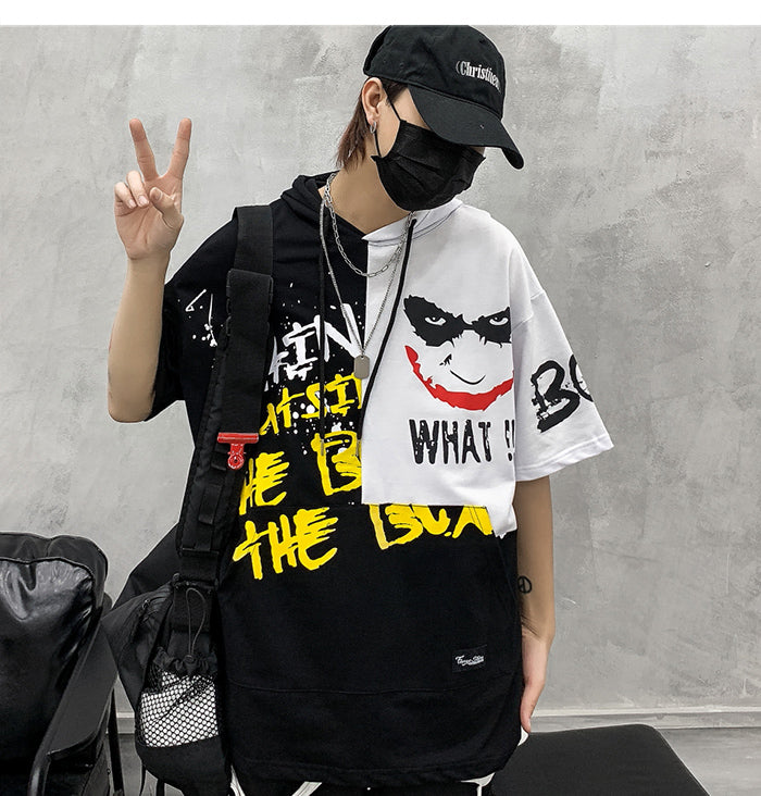 Hip Hop Color Block Smile Letter Print Men T Shirt Harajuku Fashion Streetwear Hooded Casual Cotton Tops Tee | Vimost Shop.