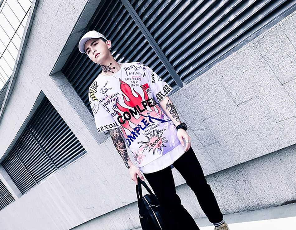 Mens Short Sleeve T-shirt Graffiti Tees Shirts Flame Print Skateboard Tshirts Male Cotton Hip Hop Streetwear KJ54 | Vimost Shop.