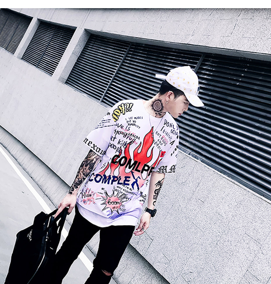 Mens Short Sleeve T-shirt Graffiti Tees Shirts Flame Print Skateboard Tshirts Male Cotton Hip Hop Streetwear KJ54 | Vimost Shop.