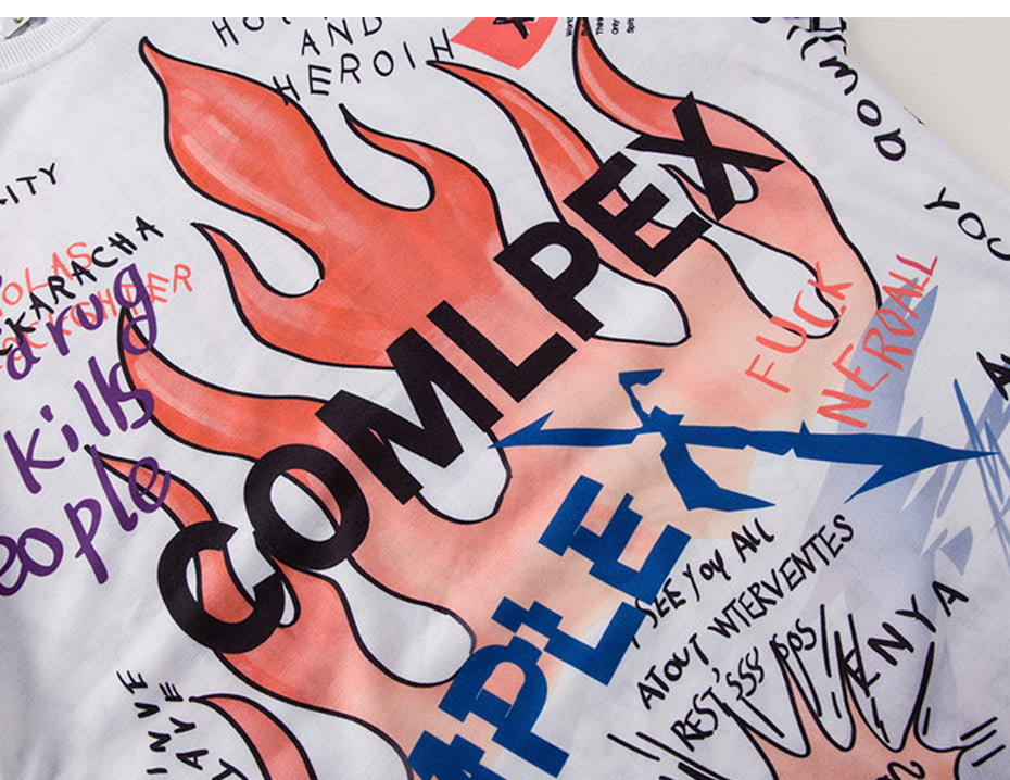 Mens Short Sleeve T-shirt Graffiti Tees Shirts Flame Print Skateboard Tshirts Male Cotton Hip Hop Streetwear KJ54 | Vimost Shop.