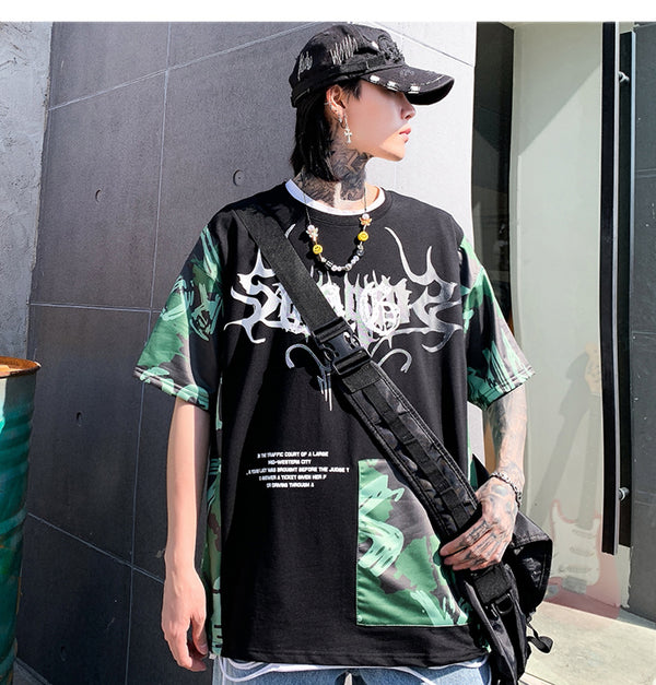 Hip Hop Color Block Character Print Mens T Shirt Harajuku Streetwear Tops Fashion Casual Cotton Short Sleeve | Vimost Shop.