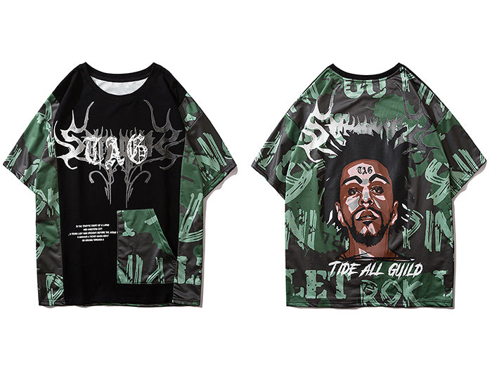 Hip Hop Color Block Character Print Mens T Shirt Harajuku Streetwear Tops Fashion Casual Cotton Short Sleeve | Vimost Shop.