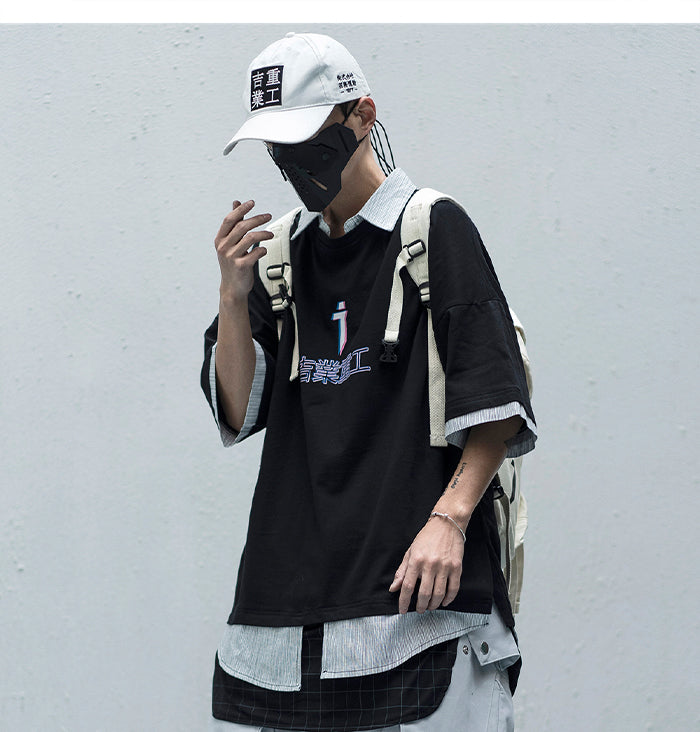 Letter Print Fake Two T Shirt Men Hip Hop Summer Casual Loose Short Sleeve Patchwork Techwear Tshirt Topsni | Vimost Shop.