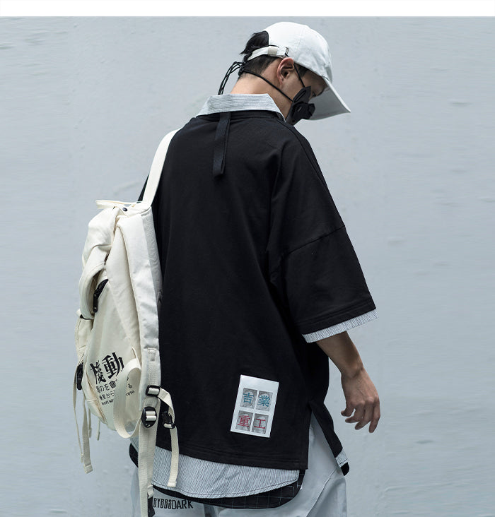 Letter Print Fake Two T Shirt Men Hip Hop Summer Casual Loose Short Sleeve Patchwork Techwear Tshirt Topsni | Vimost Shop.