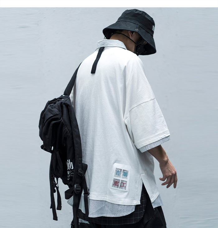 Letter Print Fake Two T Shirt Men Hip Hop Summer Casual Loose Short Sleeve Patchwork Techwear Tshirt Topsni | Vimost Shop.