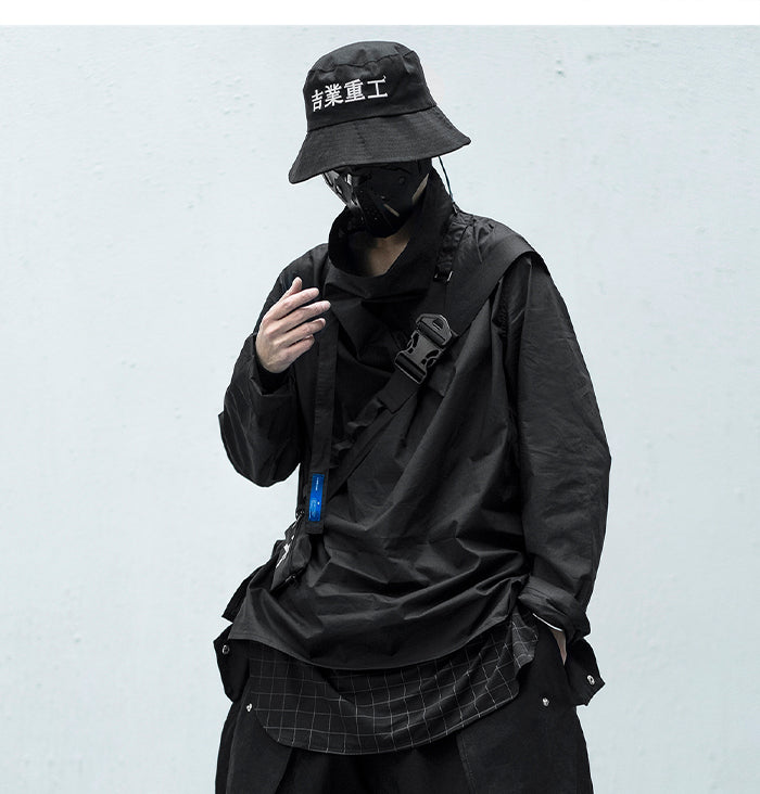 Solid Dark Pile Pile Collar Long Sleeve Hip Hop Streetwear Letter Embroidery Pullover Techwear Fashion Tops | Vimost Shop.
