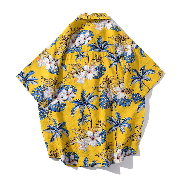 Full Pineapple Coconut Tree Print Yellow Shirt Casual Mens Short Sleeve Fashion Holiday Hawaiian Shirts | Vimost Shop.
