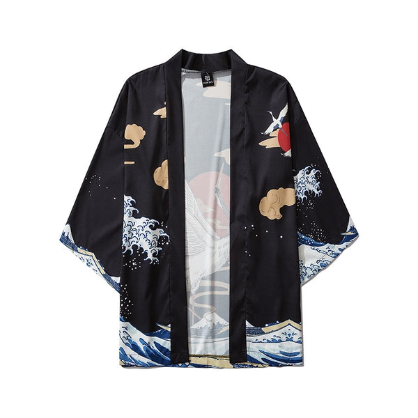 Japanese Style Crane Wave Kimono Women Men Cardigan Shirt Yukata Haori Obi Clothing Vintage Tradition Blouse Clothes | Vimost Shop.