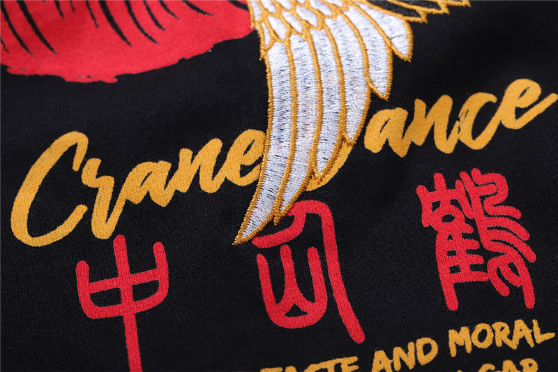 Streetwear Japanese Style Sun Waves TShirts Mens Crane Embroidery Short Sleeve T-shirts Hip Hop Black Cotton Loose Tees | Vimost Shop.