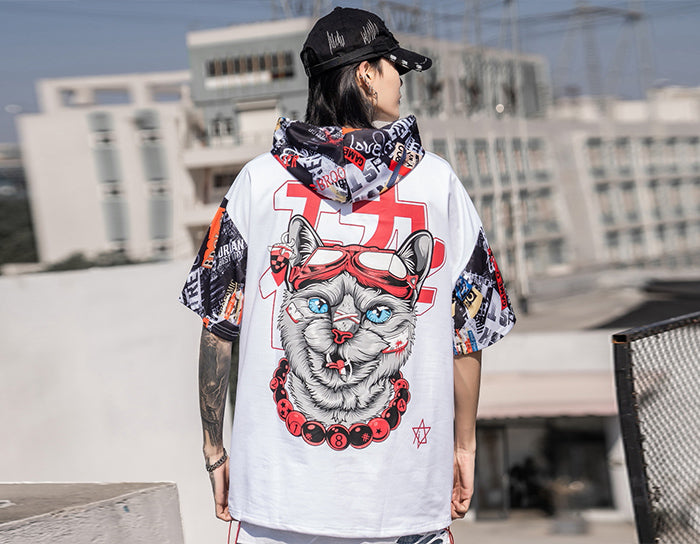 Hip Hop Dark Cat Print Men T Shirt Harajuku Streetwear Hooded Tops Tees Casual Cotton Short Sleeve | Vimost Shop.
