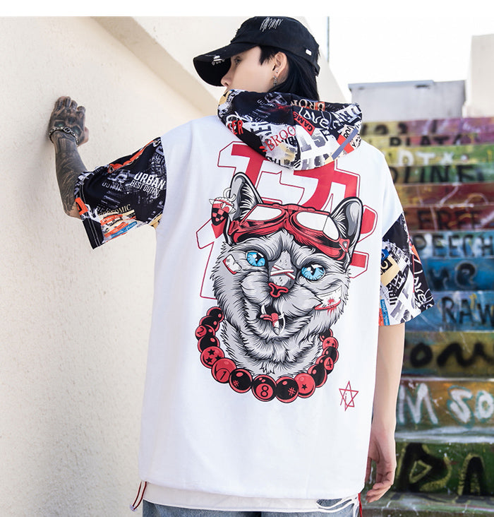 Hip Hop Dark Cat Print Men T Shirt Harajuku Streetwear Hooded Tops Tees Casual Cotton Short Sleeve | Vimost Shop.