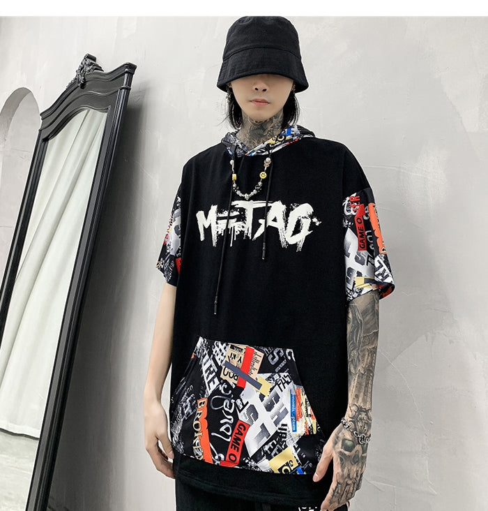 Hip Hop Dark Cat Print Men T Shirt Harajuku Streetwear Hooded Tops Tees Casual Cotton Short Sleeve | Vimost Shop.